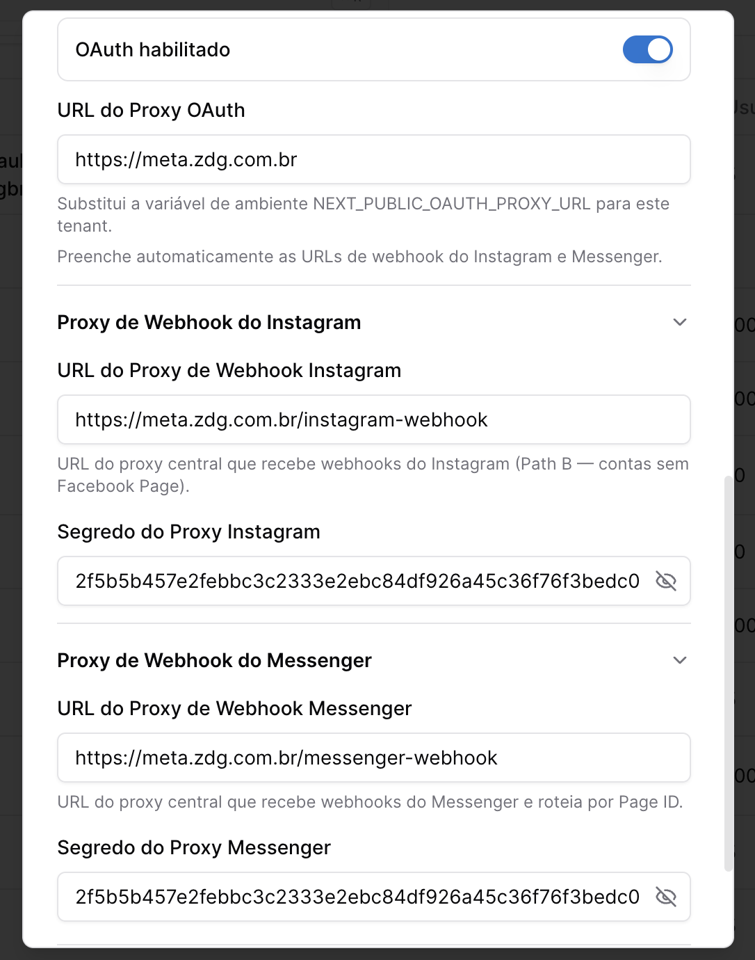 konvoo - tela de configuração do Tenant - oauth instagram e facebook messenger