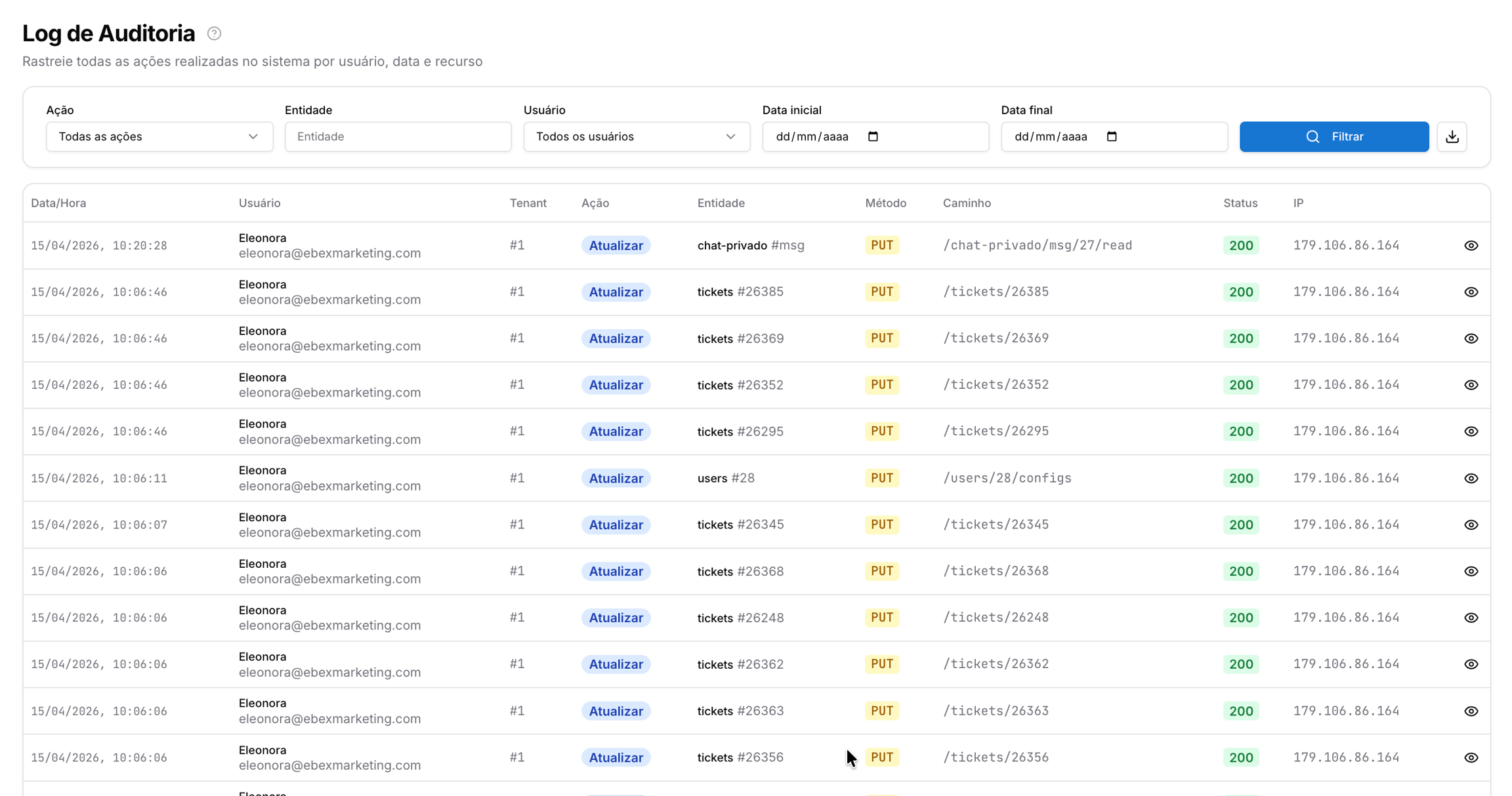 Log auditoria (admin) — Configuração