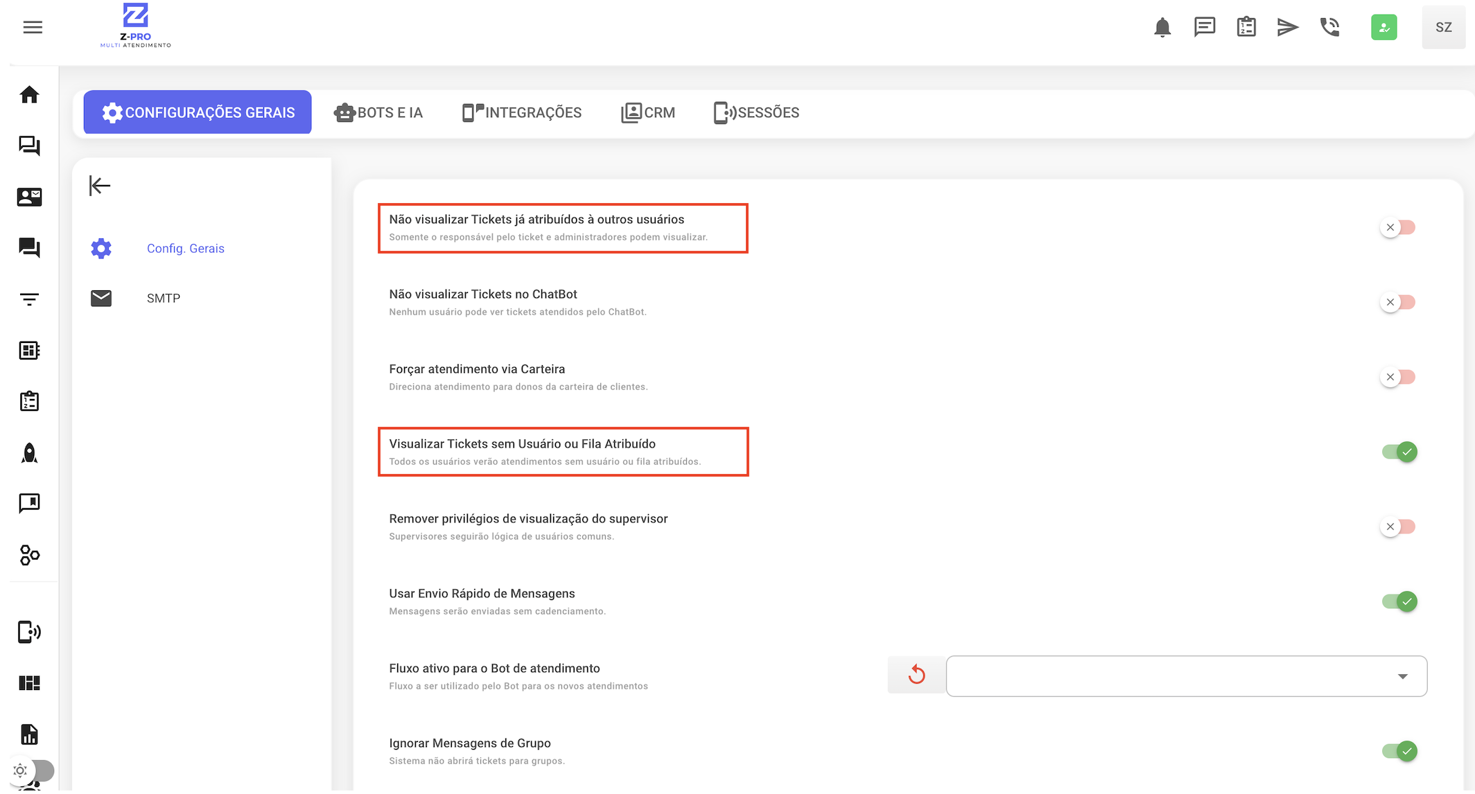 Visibilidade de Tickets para usuários (atendentes) — Configurações Gerais