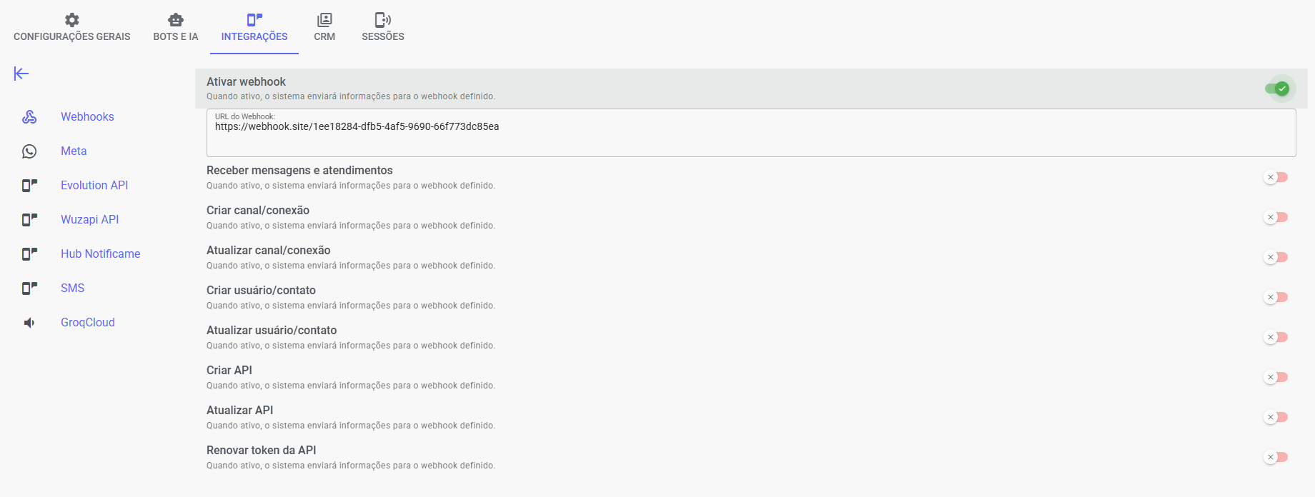Integrações — Configurações Painel Admin