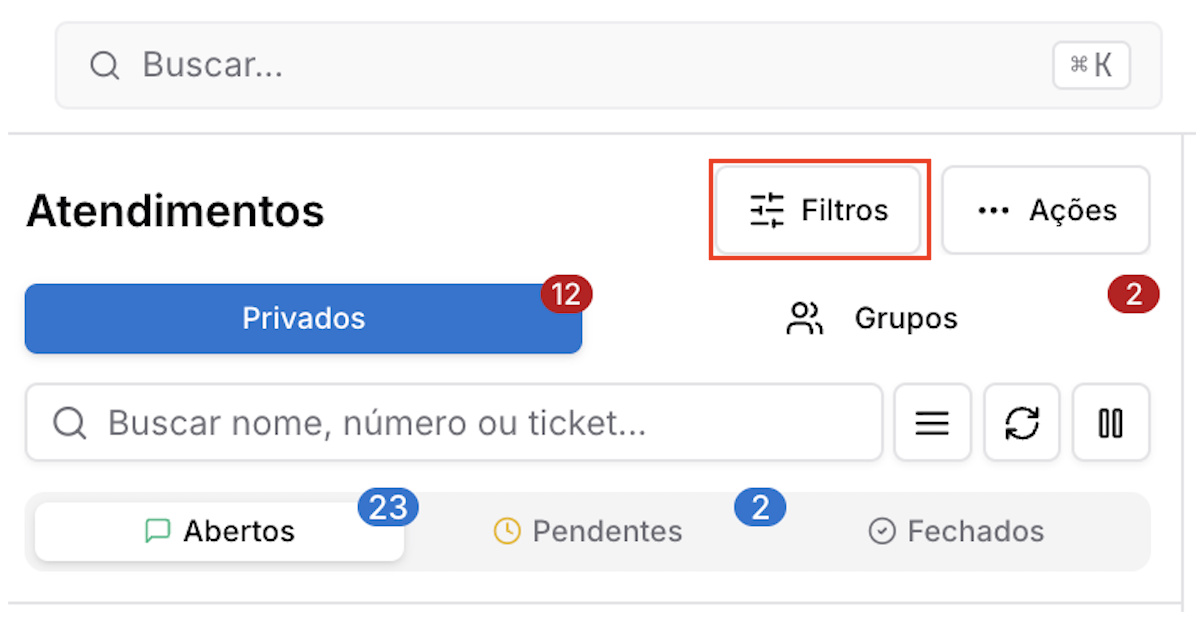 Menu dos atendimentos — Tela de Atendimento