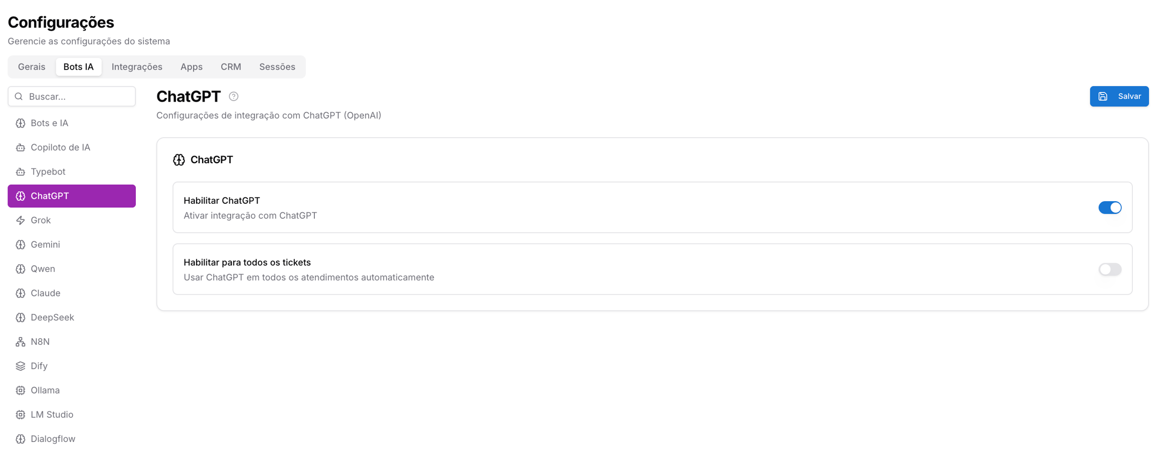Bots e IA — Configurações Painel Admin