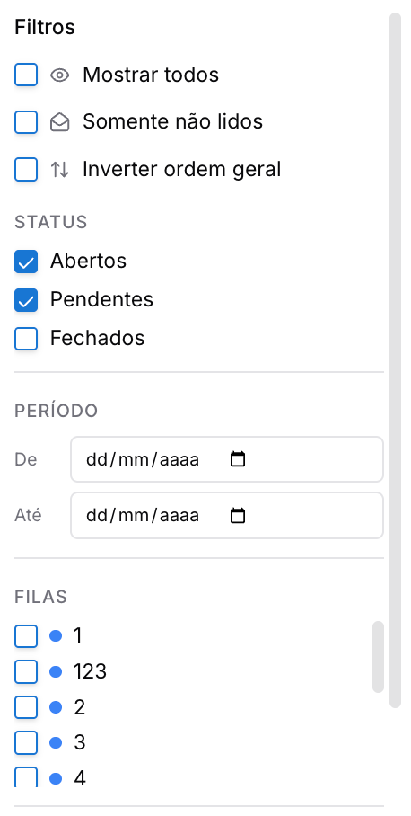Menu dos atendimentos — Tela de Atendimento
