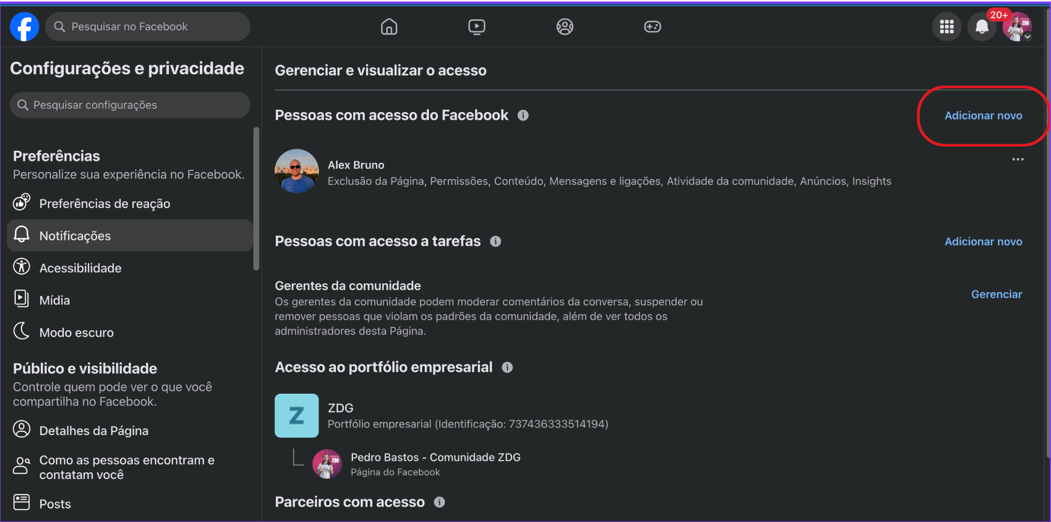 fanpage facebook - configurações e permissões da página - acesso admin