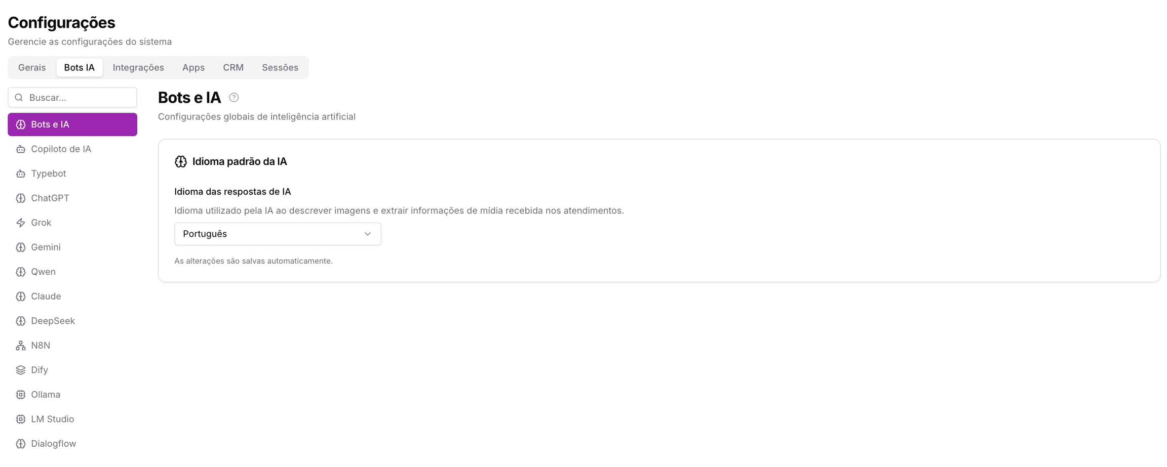 Bots e IA — Configurações Painel Admin